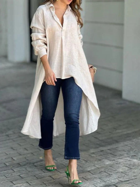 High-Low Collared Neck Long Sleeve Shirt