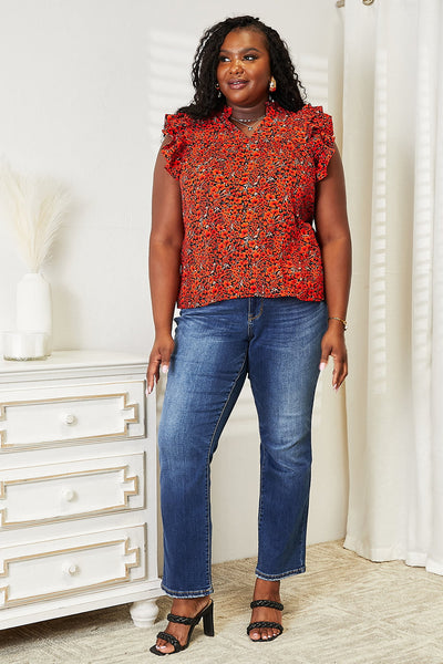 Floral Flutter Sleeve Notched Neck Blouse