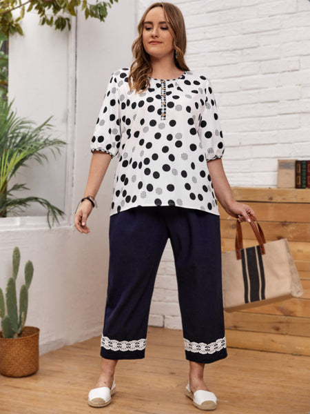 Polka Dot Round Neck Half Sleeve Blouse