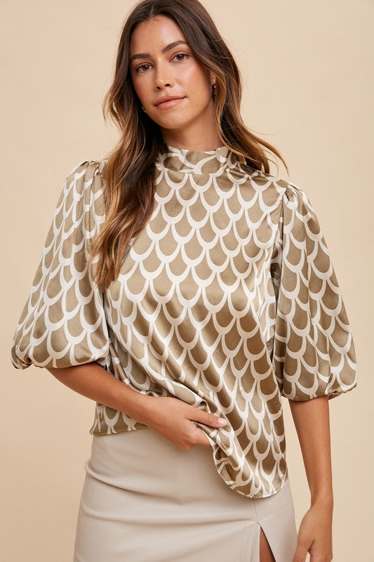 Tie Back Abstract Print Mock Neck Half Sleeve Blouse