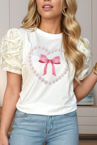 Bow Graphic Round Neck Short Sleeve Blouse