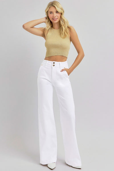 Tummy Control Double Button Wide Leg Jeans