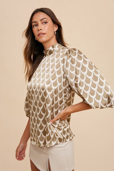 Tie Back Abstract Print Mock Neck Half Sleeve Blouse