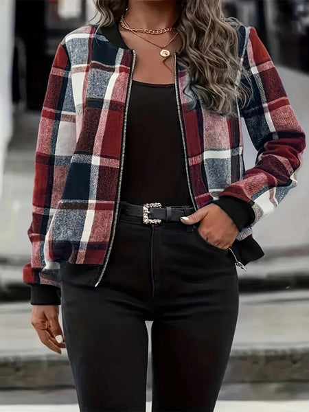 Plaid Baseball Collar Zip Up Jacket