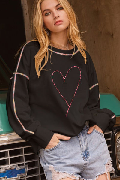 Rhinestone Heart Round Neck Long Sleeve Sweatshirt