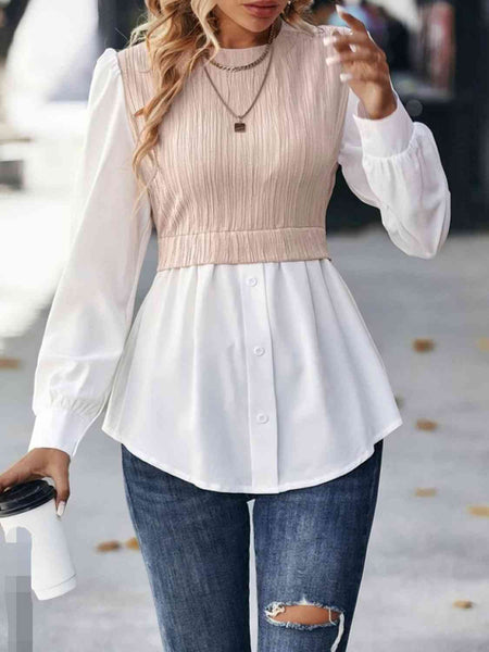 Contrast Round Neck Puff Sleeve Blouse