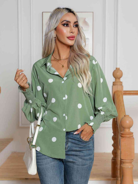 Polka Dot Collared Neck Lantern Sleeve Shirt