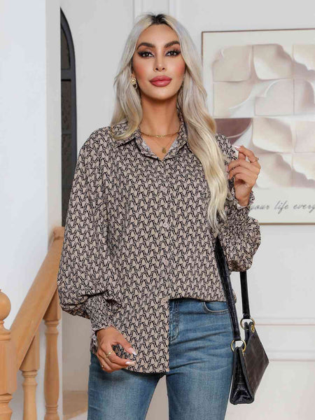 Printed Collared Neck Dropped Shoulder Shirt