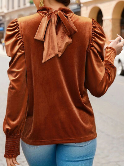 Tied Mock Neck Puff Sleeve Blouse