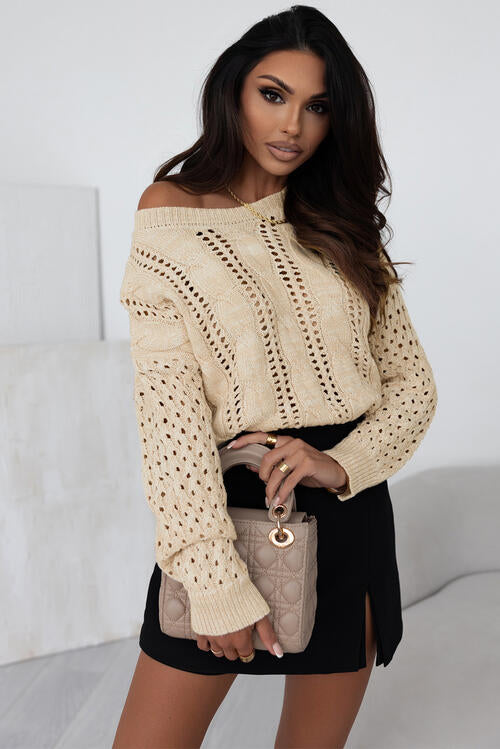 Openwork Cable-Knit Round Neck Knit Top
