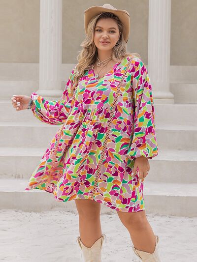 Printed V-Neck Balloon Sleeve Mini Dress