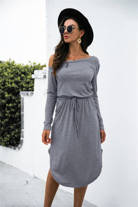 Lady wearing Gray One Shoulder Asymmetrical Hem Tie Waist Dress