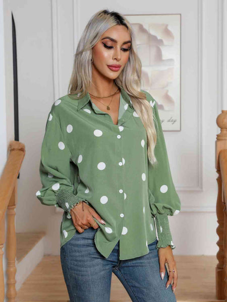 Polka Dot Collared Neck Lantern Sleeve Shirt