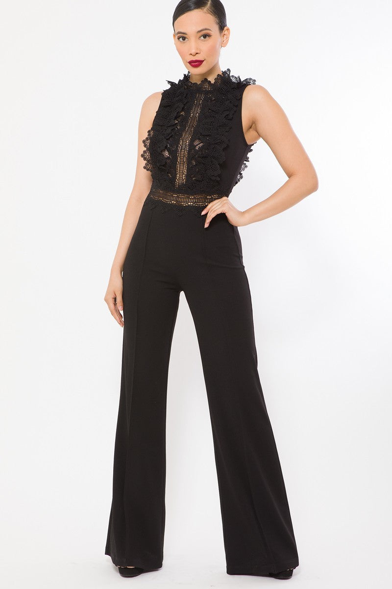 Model is wearing a Crochet Lace Sleeveless Bodice Jumpsuit