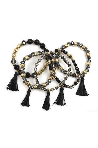 Crystal Stone Ball Bead Tassel Stretch Bracelet Set