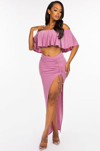 Solid Off The Shoulder Ruffled Cropped Top And Ruched Maxi Skirt Two Piece Set