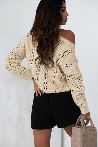 Openwork Cable-Knit Round Neck Knit Top