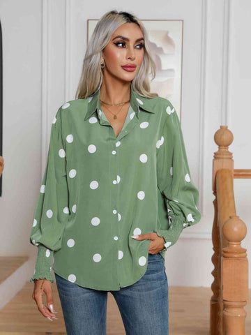 Polka Dot Collared Neck Lantern Sleeve Shirt