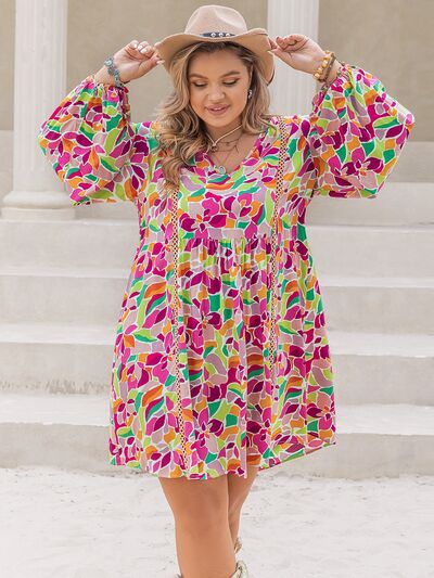 Printed V-Neck Balloon Sleeve Mini Dress