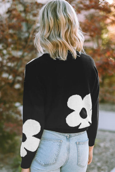 Floral Pattern Color Contrast  Design Long Sleeve Sweater