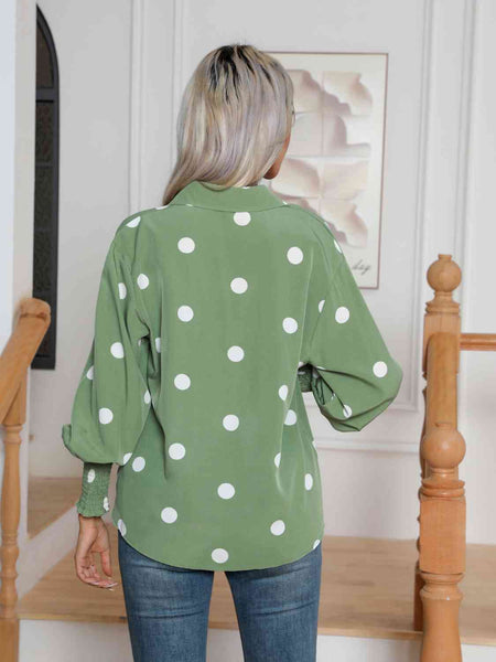 Polka Dot Collared Neck Lantern Sleeve Shirt