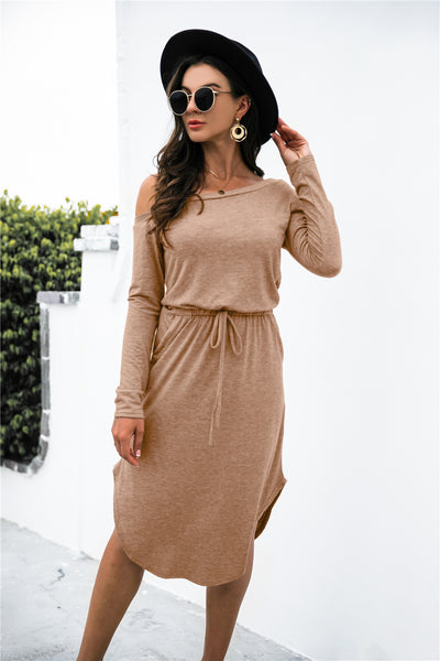 Lady wearing Khaki One Shoulder Asymmetrical Hem Tie Waist Dress